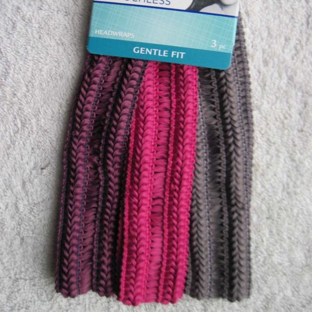3 Goody Gentle Fit Fabric Headbands Pink Purple Gray Airy Woven Head Band Wrap